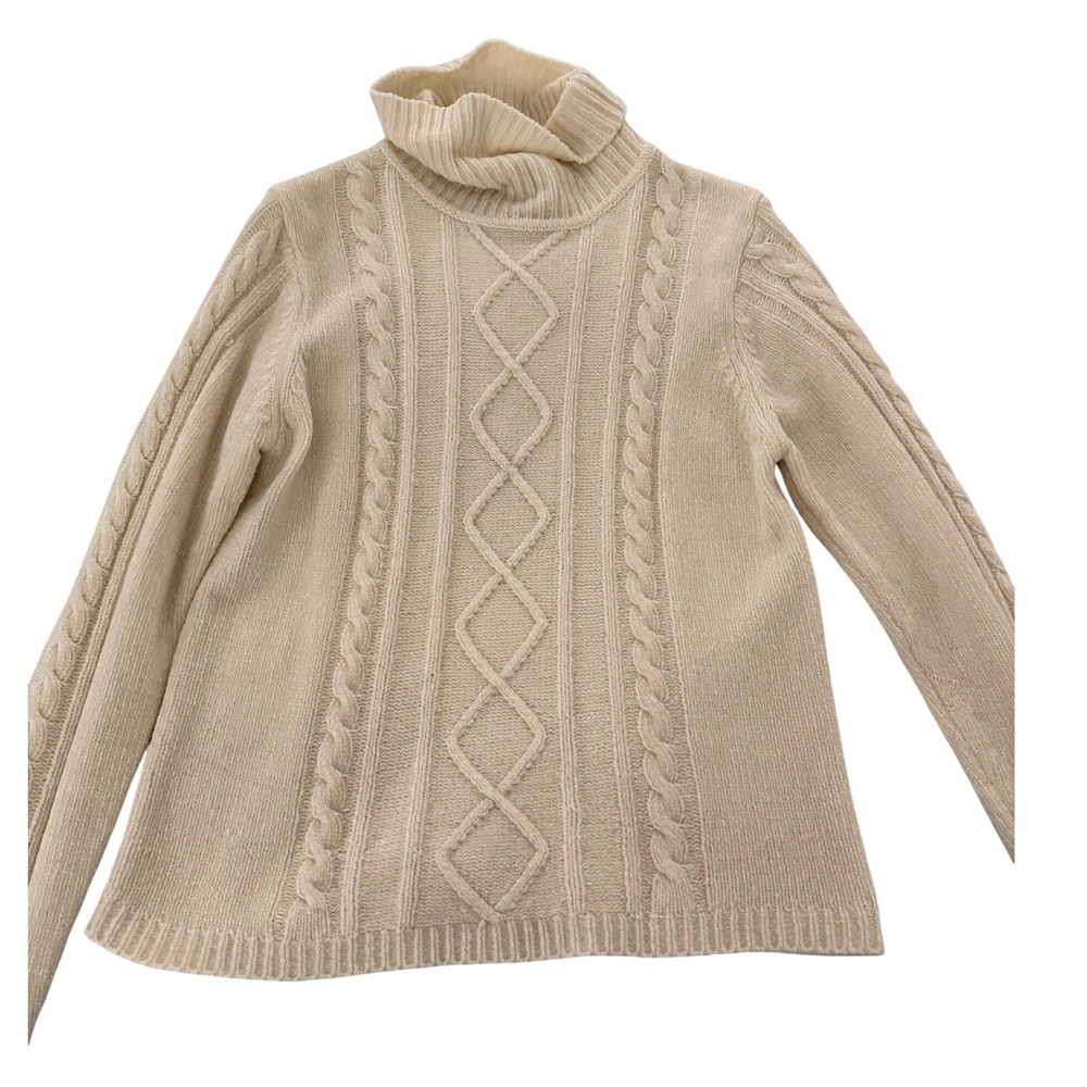 Alia Cream Cable Knit Turtleneck Sweater Diamond Pattern Size Large 16 97542